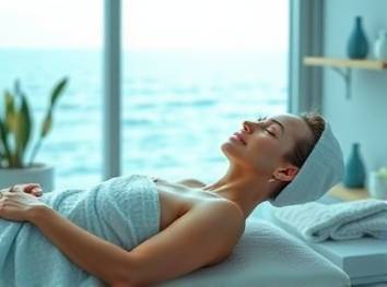 nourishing peels treatment, relaxing, being pampered, photorealistic, in a room with ocean view and minimalistic decor, highly detailed, soft waves in the background, high contrast, shades of blue and aqua, soft dimmed lighting, shot with a 70-200mm lens.